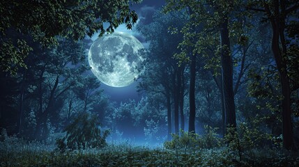Fototapeta premium Moonlit Blue Forest Landscape Under Silvery Night Sky with Mist