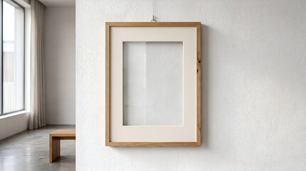 Fototapeta premium Empty wooden picture frame on wall no image available