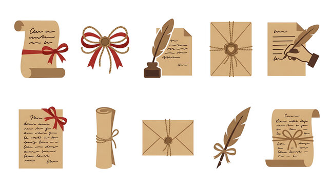 Set of vintage letters, scrolls, and quill pens