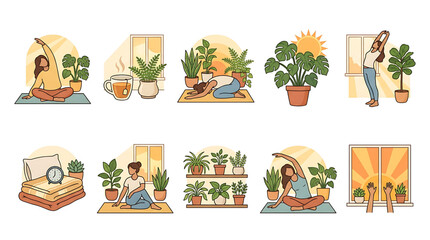 Fototapeta premium Set of illustrations depicting morning yoga, meditation, and selfcare routines with indoor plants and sunrise