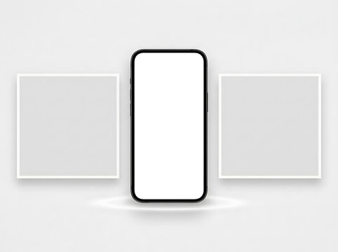 A smartphone with two blank picture frames on a light gray background for mockup and design purposes with ample space