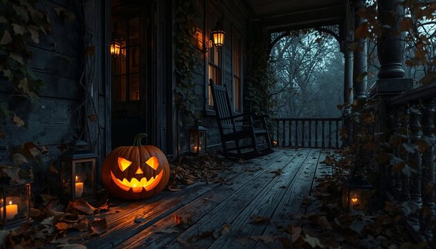 A glowing carved Halloween jack o' lantern surrounded by pumpkins in a rustic pumpkin patch during a vibrant sunset. Warm autumn light, hay bales, dramatic clouds, seasonal harvest atmosphere