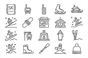 Snowboard and Skiing Line Icon Set for Mountain Vacation Graphics © Icon Nest