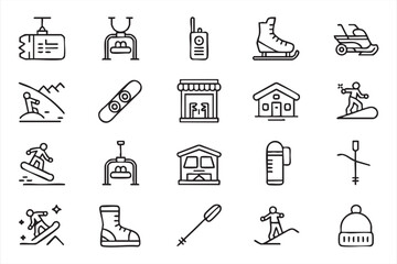 Alpine Adventure Icons with Ski Lift Lodge Snowmobile and Gear Symbols © Icon Nest