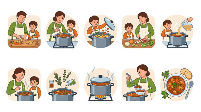 Family cooking process steps set, parents and children preparing homemade vegetable soup together