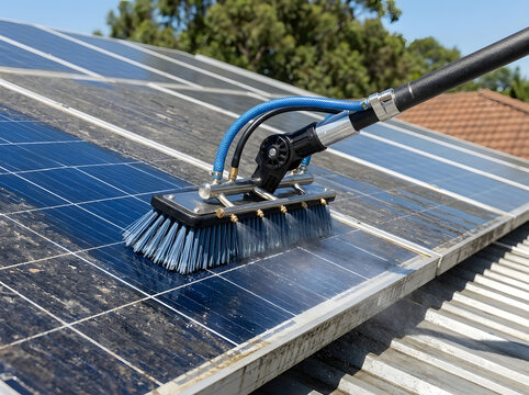 Cleaning Solar Panels with Water Spray Brush | Professional Solar Array Maintenance Service | Photovoltaic Panel Washing for Efficiency | Renewable Energy Equipment Care Outdoors