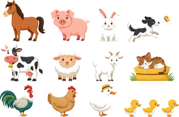 Naklejka premium Cute farm animals cartoon vector set with cow horse pig sheep goat rabbit dog cat chicken rooster duck and ducklings isolated on white background.