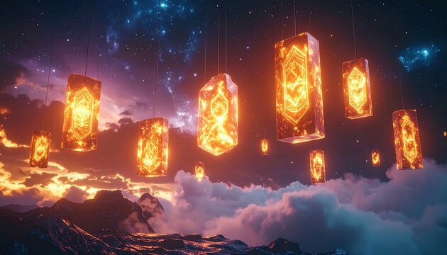 Mystical Floating Lanterns in a Dreamlike Landscape at Night.