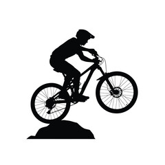 Naklejka premium Black silhouette of a mountain biker jumping over a rock