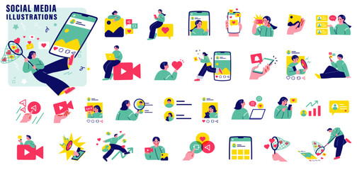 Plakat SNSを活用する人々のイラストセット