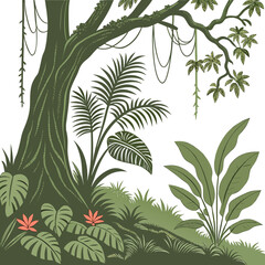 Obraz premium Lush tropical rainforest landscape with giant trees and exotic plants illustration rainforest tropical landscape illustration adventure woodland
