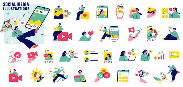 SNSを活用する人々のイラストセット