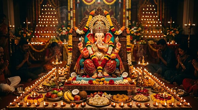 Hindu deity ganesha idol with devotees worshipping