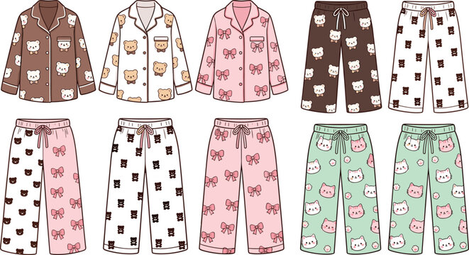 Cute cartoon pajama set template vector illustration featuring teddy bear cat and bow patterns