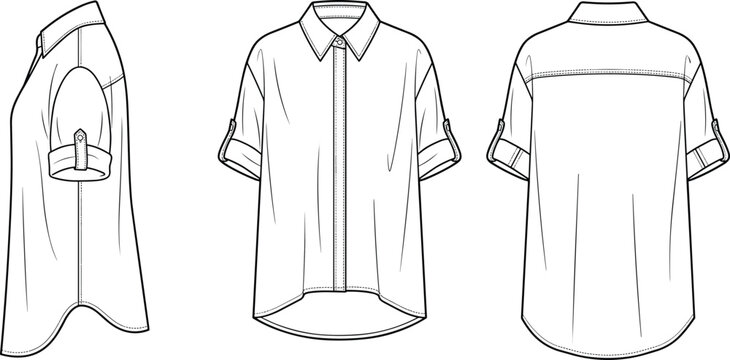 Fashion technical sketch of women short sleeve roll up button up shirt template