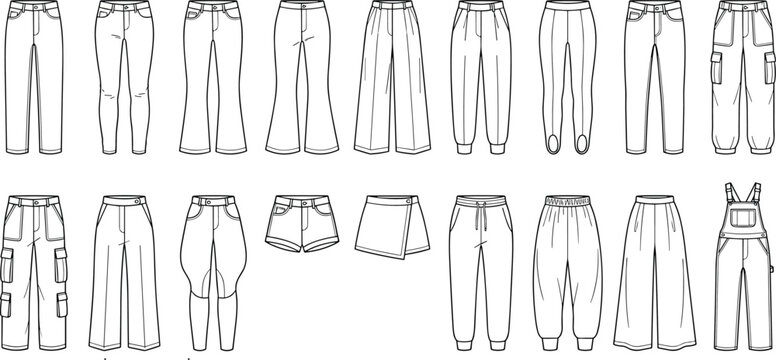 Fashion technical sketch set of women casual pants and trousers vector template pack