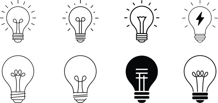 Electric Light Bulb and Glowing Idea Thin Line Icon Vector Illustration Set Featuring Incandescent Filaments Shining Beams and Power Lightning Bolt Symbols