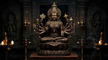 Fototapeta premium Golden buddha statue with multiple arms in meditation pose
