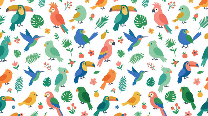Fototapeta premium Flat Design Tropical Birds Seamless Pattern, Cute Parrot Toucan Vector Art