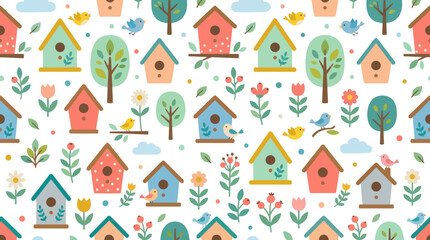 Fototapeta premium Home Garden Flat Design Seamless Pattern: Cute Birdhouses, Birds, Trees Spring Flowers Vector
