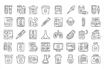 Fototapeta premium Medical Laboratory Line Icon Set with Vaccine and Thermometer Symbols