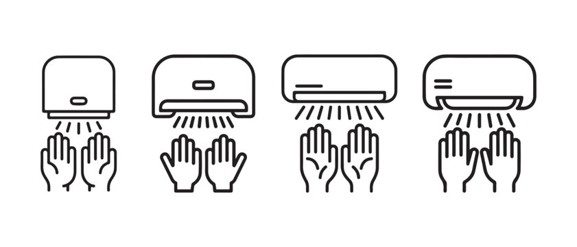 Set of four different hand dryer icons with hands drying under the air flow for public restrooms and bathroom hygiene.