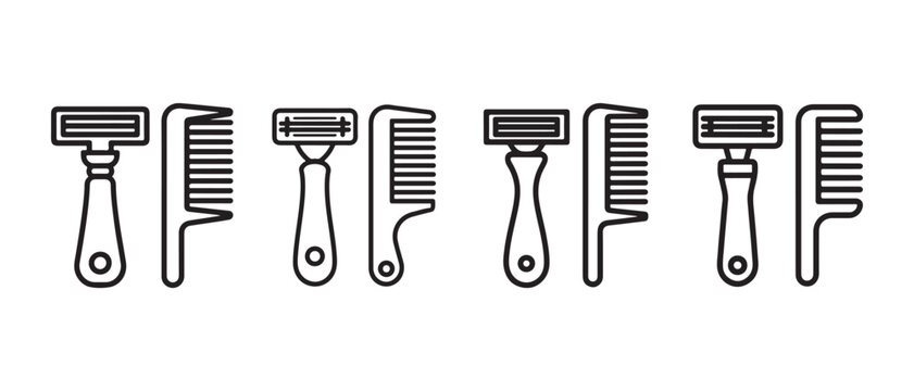 Set of razor and comb icons featuring minimalist line art style for grooming and personal hygiene.