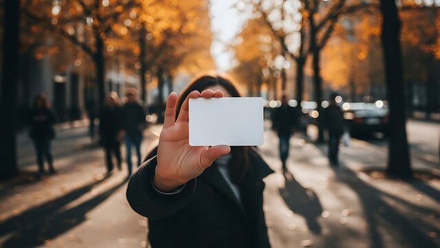 A person holding a blank white sign in a vibrant autumn urban landscape