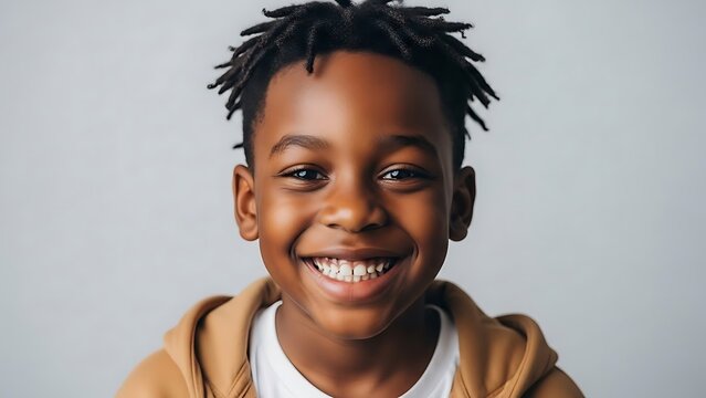 A close portrait of a smiling young boy with dreadlocks against grey wall