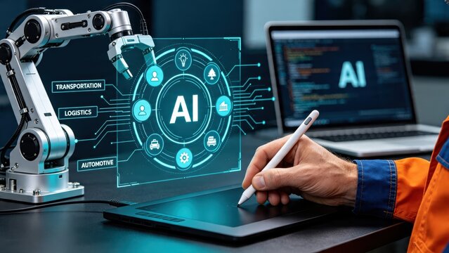 Engineer designing AI software with robotic arm, artificial intelligence automation concept, industrial machine learning, smart manufacturing technology, future factory innovation