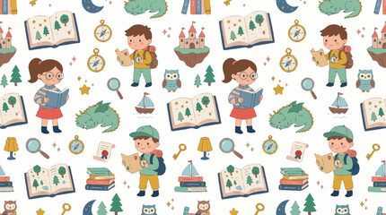 Fototapeta premium Cute cartoon kids reading books and exploring with dragons, seamless pattern, vector art
