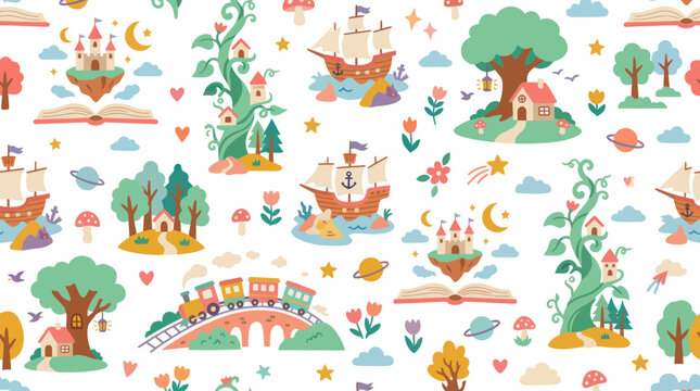 Children's Fantasy Storytelling Flat Illustration Pattern with Fairytale Castles, Ships, Houses, and Nature Elements