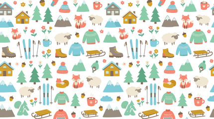 Fototapeta premium Cute Flat Vector Seamless Winter Pattern with Cozy Houses, Forest Animals, Ski Gear, and Holiday Elements