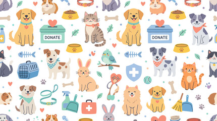 Fototapeta premium Cute Pets and Pet Care Donation Seamless Pattern, Flat Illustration