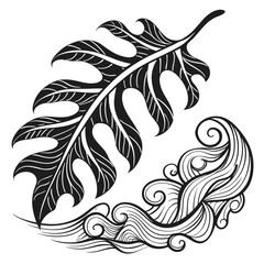 Fototapeta premium Abstract tropical leaf and swirling ocean wave line art illustration with botanical illustration tropical minimalist decorative stylized