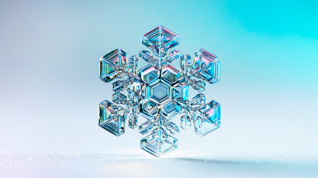 Extreme macro photography of a perfectly symmetrical snowflake against a frozen background.