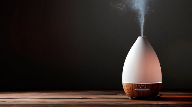 Modern ultrasonic aroma diffuser spraying steam onto a wooden surface on a dark background.