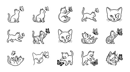 Obraz premium Hand-Drawn Cats and Butterflies Sketch Collection - Playful Kittens & Fluttering Insects