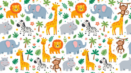 Naklejka premium Cute Flat Cartoon African Safari Animals Seamless Pattern Illustration for Children's Nursery Decor and Fabric Design