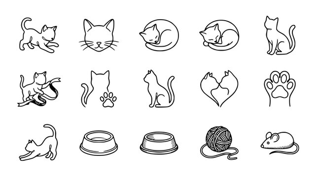 Cute Cat Icons Set: Line Art Illustrations of Feline Poses, Faces, and Accessories