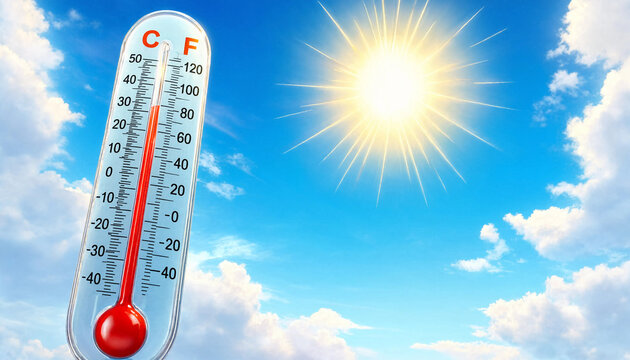 Thermometer with red mercury column showing temperature on sunny blue cloudy sky background transparent background