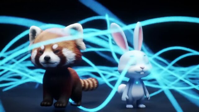 3D animated red panda and white bunny together.