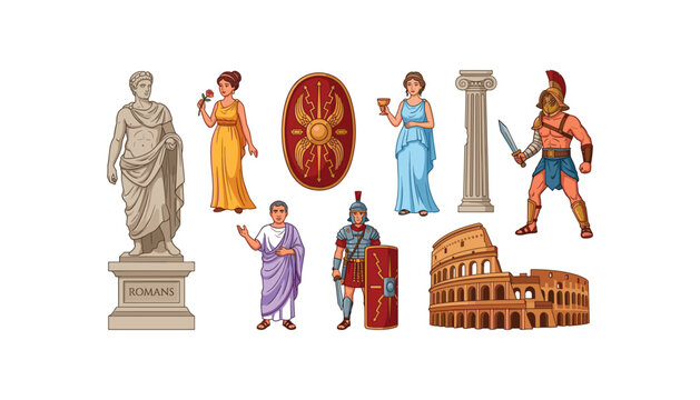 Ancient Roman Empire vector character set with gladiator soldier emperor senator colosseum marble column and traditional citizens isolated,