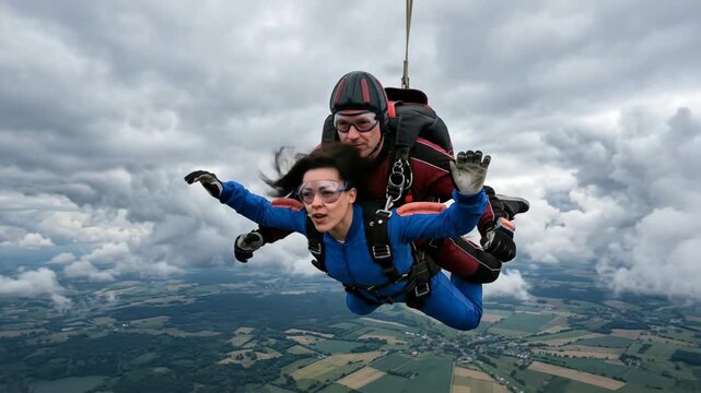 Couple Skydiving Over Fields and Clouds