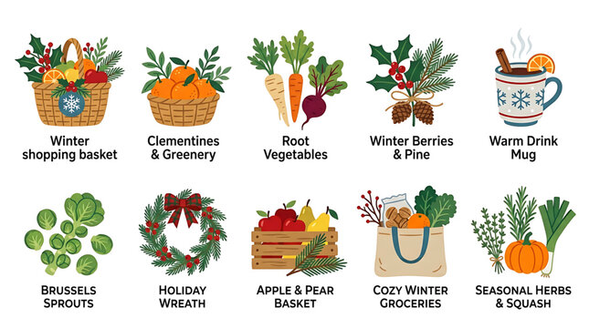 A vibrant illustration of various winter vegetables, fruits, and holiday items, including a winter shopping basket, clementines, root vegetables, and a warm drink mug, all