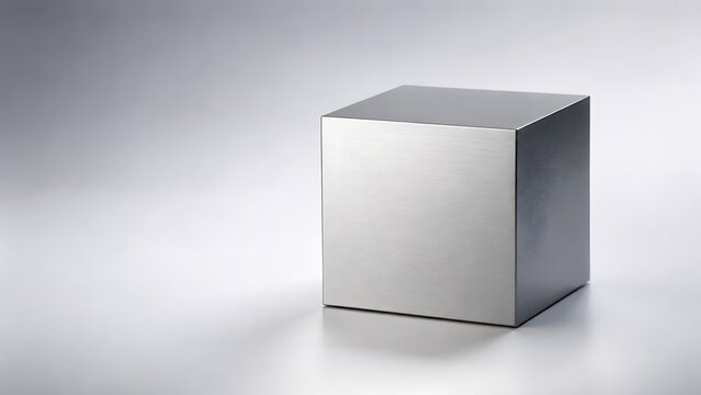 Minimalist brushed aluminum cube on a clean grey gradient surface. High quality product mockup stage suitable for electronics, premium perfumes, and luxury watches product demonstrations.