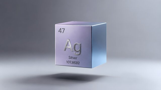 Three dimensional silver element cube with chemical symbol Ag and atomic data. This educational render is perfect for science textbooks, chemistry blogs, and periodic table graphics.