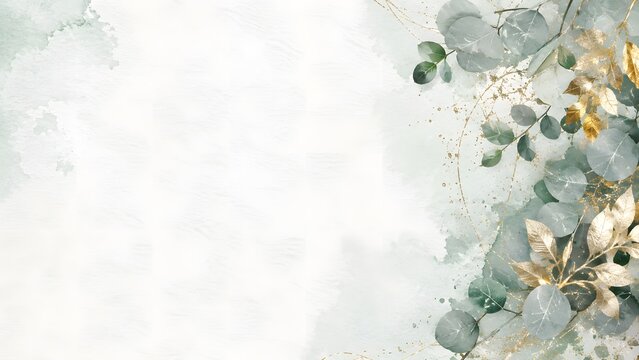 Elegant watercolor eucalyptus leaves with gold foil accents on a textured background. High resolution floral design perfect for wedding invitations, beauty branding, or luxury stationery.