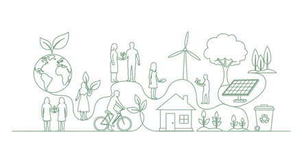 Fototapeta premium Sustainable living: eco-friendly lifestyle, renewable energy, recycling, nature, community