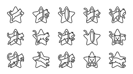 Playful Cat Jumping Through Hoops and Stars Icon Set © Embun